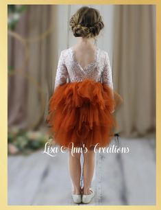 Boho Flower Girl Dress in Burnt Orange tulle knee length with lace long sleeves Orange Flower Girl Dress, Lace Sleeves Dress, Orange Flower Girl, Boho Flower Girl Dress, Long Lace Sleeves, Boho Flower Girl, Girls Attire, Girls Special Occasion Dresses, Infant Flower Girl Dress