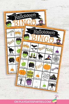 two printable halloween bingo game cards with pumpkins, bats and witches on them