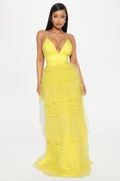 Available In Hot Pink And Yellow. Tulle Gown Deep V-Neck Adjustable Spaghetti Straps Tiered Ruffles Cross Back Hidden Back Zipper Lined Stretch Self: 100% Nylon Lining: 100% Polyester Imported | Tia Tulle Gown Dress in Yellow size Large by Fashion Nova Spring Yellow Tulle Dress, Yellow Fitted Tulle Dress, Luxury Yellow Ruffled Maxi Dress, Yellow Stretch V-neck Maxi Dress, Yellow V-neck Beachwear Maxi Dress, Hot Pink Fashion, High Low Gown, Tulle Gown, Spring Summer Dress