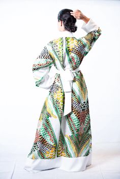 Plus Size Silk Robes | White printed Kimono | Ellectives White V-neck Robe For Spring, White Maxi Dress With Kimono Sleeves For Summer, Fitted White V-neck Robe, White V-neck Kimono For Daywear, White Silk Kimono For Summer, Summer White Silk Kimono, Chic Long White Kaftan, Long White Robe For Spring, White Long Robe For Spring