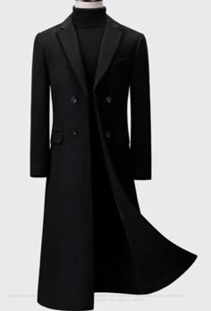 Business Long Pea Coat With Pockets, Long Pea Coat With Pockets For Business, Business Wool Long Coat With Pockets, Business Long Wool Coat With Pockets, Single Button Wool Coat With Lapel Collar For Business, Classic Single Button Long Wool Coat, Business Long Coat With Hidden Button Closure, Single Breasted Long Pea Coat For Business, Black Wool Coat With Double Button Closure For Business