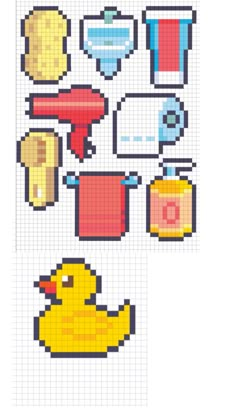 cross stitch pattern with various items for sewing and knitting on the same page, including an image of a yellow rubber duck