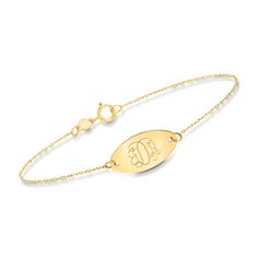 Ross-Simons - Italian 14kt Yellow Gold Personalized Oval Disc Bracelet. 8". RS Pure. Delicate designs and minimalist styles that complete every look. This dainty bracelet will add a personal touch to your stack. In glossy 14kt yellow gold, an oval plate sits at the center of a simple cable chain. May be engraved in block or script type (select from options below). Crafted in Italy. Springring clasp, 14kt yellow gold personalized bracelet. Elegant Engraved Oval Link Gold Bracelet, Elegant Engraved Gold Oval Link Bracelet, 14k Gold Oval Bracelet For Everyday, Everyday 14k Gold Oval Bracelet, Everyday Oval 14k Gold Bracelet, Elegant Oval Bracelets For Everyday, Engraved Oval Yellow Gold Bracelet, Elegant 14k Gold Oval Chain Bracelet, Dainty Oval Bracelets For Formal Occasions