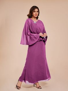 Upgrade your mother of the bride look with our Classy Column Ankle Length Chiffon dress. The elegant chiffon material flows beautifully, while the crystal embellishments add a touch of glamour. Perfect for any wedding or special occasion, this dress will make you feel confident and sophisticated.    Attention!     The cape is a layer of chiffon (Refer to the picture below) Elegant Chiffon Dress For Wedding, Elegant Organza Dress For Mother Of The Bride, Elegant Formal Georgette Mother Of The Bride Dress, Formal Flowy Georgette Mother Of The Bride Dress, Flowy Georgette Mother Of The Bride Dress For Wedding, Elegant Chiffon Mother Of The Bride Dress, Elegant Floor-length Chiffon Wedding Dress, Elegant Chiffon Georgette Dress For Wedding Guest, Formal Flowy Chiffon Mother Of The Bride Dress