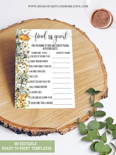 a printable floral guest card with the words find the guest on it and some greenery next to it