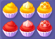 a bunch of different colored cupcakes on a blue background