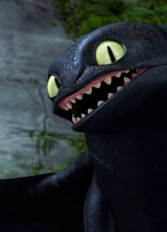 a close up of a toothy black dragon with big yellow eyes and sharp teeth