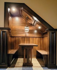 Its a great idea for under the stairs to add additional seating adjacent to your basement home bar, pub or speakeasy Basement Stair, Home Basement, Pub Interior, Rustic Basement, Home Bar Rooms, Basement Remodel Diy, Solid Oak Table, Oak Table Top, Basement Bar Designs