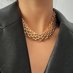 Editor's Notes: Build your inner '70s icon with this chunky chain necklace. A statement maker that matches well with your essentials like open-neck silk blouse or simple white tee. It is the absolutely eye-catching part when you wear a minimalist outfit. Available in two style designs: Bib Collar Geometric Shape Material: Iron (Gold or Silver finish) Thick Choker Necklace, Chain Types, Dior Necklace, Chunky Choker, Thick Chain Necklace, Layered Choker Necklace, Statement Fashion, Chunky Chain Necklaces, Layered Chokers