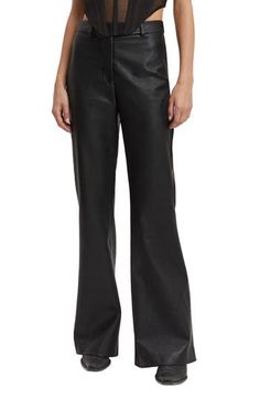 Tailored charm meets on-trend style in these high-waisted pants made from buttery faux leather complete with kicky flared legs. 31 1/2" inseam; 23" leg opening; 11" front rise; 15" back rise Zip fly with button closure Back welt pockets 100% polyester with polyurethane coating Hand wash, line dry Imported Trend Style, Flare Leg Pants, High Waisted Pants, Welt Pockets, Bottoms Pants, Leg Pants, Black Pants, Womens Bottoms, Top Brands