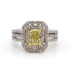 Ninacci 18K White Gold Double Halo Triple Shank Ring with GIA Certified Fancy Light Yellow Radiant-cut Diamond - 1.10 Carats Center Diamond Weight - Size 6.5 Elegant Yellow Emerald Cut Diamond Ring, Elegant Yellow Emerald-cut Diamond Ring, Gia Certified Elegant Square Cut Diamond Ring, Elegant Gia Certified Square Cut Diamond Ring, Gia Certified Square Cut White Gold Diamond Ring, Elegant Yellow Halo Ring For Anniversary, Gia Certified Square Cut Diamond Ring For Anniversary, Gia Certified Luxury Yellow Gold Halo Ring, Gia Certified Square Cut Diamond Anniversary Ring