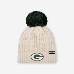 Green Bay Packers Womens Primary Logo White Cable Knit Pom Beanie FOCO - FOCO.com Green Bay Packers Colors, Winter Headwear, Nfl Teams Logos, Logo Display, Nfl Logo, Stretchy Headbands, Acrylic Fabric, Self Service, Pom Beanie