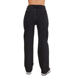 These washed black straight leg jeans feature a flattering high-rise fit with a 12-inch rise and a 31.5-inch inseam. Crafted from a comfortable blend of 66.3% cotton, 23% polyester, 9.8% viscose, and .9% elastane, they offer just the right amount of stretch while maintaining their shape. Perfect for everyday wear, these jeans effortlessly combine style and comfort. Black Jeans With Straight Hem For Fall, Trendy Black Straight Jeans, Trendy Washed Black Straight Bottoms, Black Straight Leg Jeans For Fall, Black Cotton Flare Jeans With Relaxed Fit, Black Straight Leg Cargo Jeans, Classic High Rise Black Jeans, Classic Black Flare Jeans For Spring, Trendy Washed Black Jeans With Straight Hem