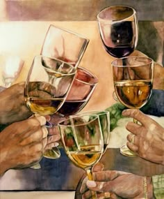 a painting of people holding wine glasses in their hands