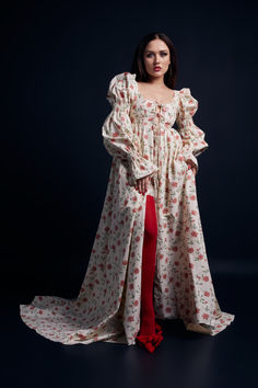 Ivory train dress with a red bellflowers print in casual glamour style. Tap the pin link to shop ✨ Floor-length Gown With Draped Sleeves And Fitted Bodice, Chic Floor-length Gown With Draped Sleeves, Maxi Dress With Gathered Sleeves, Casual Maxi Dress With Gathered Sleeves, Maxi Dress With Draped Sleeves And Fitted Bodice, Fitted Maxi Dress With Blouson Sleeves, Wedding Maxi Dress With Draped Sleeves, Balloon Sleeve Dress With Voluminous Skirt, Dress With Balloon Sleeves And Voluminous Skirt