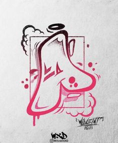 an arabic calligraphy is shown in red and black on a white background with the word w & d written below it