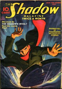 the cover to shadow magazine showing a man with a hat on his head and hands in the air