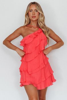 Arrabel Tiered Ruffle Mini Dress Watermelon Pleated Hoco Dress, Flirty Ruffled Strap Dress For Brunch, Summer Ruffled Mini Dress For Date Night, Ruffled Mini Dress For Date Night In Summer, Ruffled Mini Dress For Summer Date Night, Flirty Tiered Ruffle Dress For Cocktail, Summer Mini Dress With Ruffles For Date Night, Trendy Pink Dress For Summer Parties, Summer Date Night Mini Dress With Ruffles