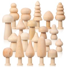 a group of wooden mushrooms sitting next to each other