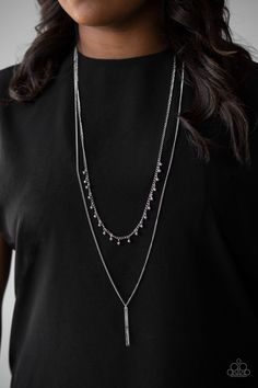 Two mismatched silver chains layer down the chest. Dainty silver beads dangle from the bottom of the uppermost chain, while a rectangular pendulum-like pendant swings from the lowermost chain for a causal finish. Features an adjustable clasp closure.

Sold as one individual necklace. Includes one pair of matching earrings. Paparazzi Accessories Jewelry, Silver Chains, Paparazzi Accessories, Geometric Pendant, Black Necklace, Paparazzi Jewelry, Beaded Dangles, Necklace Earring Set, Beaded Chain