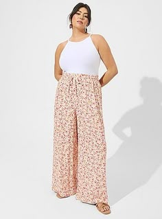 Pull-On Wide Leg Washable Gauze High Rise Pant, DITSY FLORAL Barcelona Outfits, Hot Weather Outfits, Gauze Pants, Bathing Beauty, Plus Size Summer Outfits, Disneyland Vacation, Flattering Outfits, Mom Fashion, Striped Wide Leg Pants