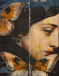 two paintings with butterflies on them and one has a woman's face in the middle