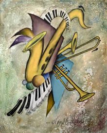 an abstract painting with musical instruments and music notes