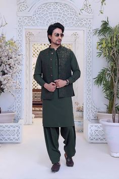 Premium Blended Fabric  Color Green Waist Coat Self Print Italian Thread  Metal Buttons Finest Stitch Branded Design Custom Sizes are also available. Green Nehru Jacket With Pallu For Eid, Green Nehru Jacket With Pallu, Wedding Lawn Suit With Pallu In Shantoon, Green Nehru Jacket With Resham Embroidery For Eid, Traditional Green Unstitched Suit For Formal Occasions, Green Traditional Unstitched Suit For Formal Occasions, Green Jamawar Sets For Eid, Eid Green Jamawar Sets, Traditional Green Nehru Jacket For Eid