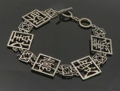 "925 Sterling Silver - Vintage Chinese Characters Square Chain Bracelet - BT7072  925 Sterling Silver - Vintage Chinese Characters Square Chain Bracelet - BT7072  Jewelry Type:         Bracelet   Metal Type:            925 Silver  Metal Size:             8.75\" Length  .75\" Height   Stone Type:            N/A  Condition:              N/A  Jewelry Weight:     21.5 Grams  PLEASE NOTE: THIS ITEM IS PRE-OWNED. ALTHOUGH MOST ITEMS ARE IN VERY GOOD CONDITION, SOME MAY NEED CLEANING AND/OR MINOR REPAIRS. WE MAKE A VERY STRONG EFFORT TO UPLOAD CLEAR PICTURES. PLEASE INSPECT ALL PICTURES AND ASK ALL QUESTIONS YOU MAY HAVE PRIOR TO MAKING A PURCHASE. NOT ALL STONES ARE GENUINE, SOME ARE ENHANCED OR CREATED." Bracelet Metal, Chinese Characters, Metal Bracelets, Antique Rings, Chain Bracelet, Beautiful Necklaces, Types Of Metal, Metallic Silver, Sell On Etsy