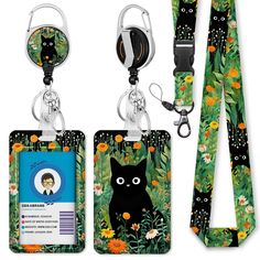 PRICES MAY VARY. 【Unique Design】The cute id badge holder is personalized with its funny design: black cat hiding in spring flowers. Leave behind the simple, stereotypical card clips and upgrade to our fashionable and fun card holder that will add a pop of vivid colors to your cards and keys, breathing new life into your daily routine. 【Multi-functional】The id holder set includes a breakaway and detachable lanyard for keys, a vertical id badge holder and a retractable badge reel with 360 degrees Cute Lanyard, Cute Lanyards, Cute Badge Reel, Cat Hiding, School Supply Labels, Key Lanyard, Keychain Cute, Cat Flowers, Cute Names