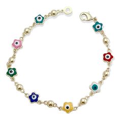 Multicolor Evil Eye Flower Beads 18kts of Gold Plated Bracelet Materials: Brass / multicolor evil eye beads Eco-Friendly: 100% Lead & Nickel Free, anti-Allergy Brand Raf Rossi Gold Plated Style: Evil eye link bracelet Size :8” 18kts Oro Laminado de Brazil. AVAILABLE FOR WHOLESALE FOR REGISTER CUSTOMERS Multicolor Gold Plated Bracelet, Multicolor Evil Eye Jewelry, Multicolor Beaded Bracelet With Evil Eye, Multicolor Flower Shaped Jewelry With Charms, Multicolor Flower-shaped Jewelry With Charms, Eye Flower, Bracelet Materials, Evil Eye Beads, Gold Plated Bracelet