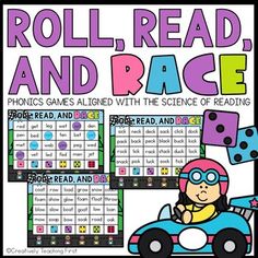 roll, read, and race game for kids to practice their reading skills with pictures