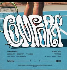 a poster with the word collage written in white on a blue tennis court, and someone holding a tennis racquet