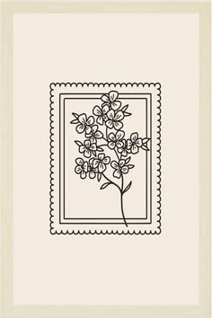 a black and white drawing of a flower in a square frame on a beige background