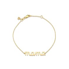 14k gold small Mama bracelet from our Pure Collection spelled out in our signature script. 14k gold cable chain measures approximately 7". Classic 14k Gold Custom Name Bracelet, Classic Yellow Gold Custom Name Bracelet, Adjustable Sterling Silver Name Bracelet In Yellow Gold, Custom Name 14k Yellow Gold Bracelet, Adjustable 14k Gold Bracelet With Cable Chain, Adjustable 14k Gold Cable Chain Bracelet, Adjustable Yellow Gold Name Jewelry, Mother's Day Yellow Gold Name Bracelet, Classic Yellow Gold Bracelet With Custom Name