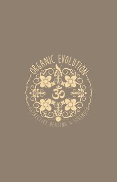 the logo for organic evolution is shown in gold and white on a brown background with an ornate design