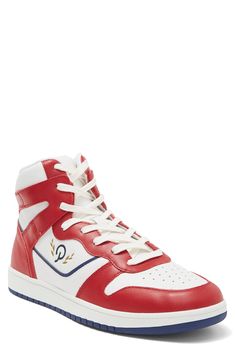 A durable cupsole and cushioned collar support active feet in a colorblock basketball sneaker. Leather upper/textile lining/rubber sole Imported Collegiate Low-top Basketball Sneakers, Collegiate High-top Basketball Shoes With Boost Midsole, Sporty White High-top Sneakers, Sporty Basketball Shoes With Rubber Sole, White High-top Lace-up Sneakers For Tennis, High-top Synthetic Tennis Sneakers, Collegiate Low-top Basketball Shoes, Collegiate White Sneakers With Round Toe, White Collegiate Sneakers With Round Toe