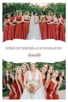 the bride and her bridal party are posing for pictures in their red gowns