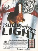 an advertisement for budweiser light beer with a horse on the front and side