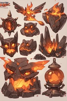 an image of some kind of fire and flames in the shape of masks on display