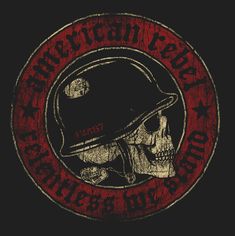 a skull wearing a helmet with the word anarchy on it's side in red and black