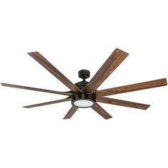 a ceiling fan with four wooden blades and a glass light on the top of it