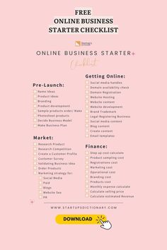 the free online business checklist is shown on a pink background with yellow and white text