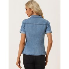 If you're looking to add some trendy feel to your wardrobe, consider this chic denim shirt with a chest pocket. This button-down outerwear is both classic and cool, perfect for meeting up with friends or going about your daily routine. With its stylish breast pockets and buttoned flaps, this denim shirt is a classic yet unique addition to any outfit. Pair it with your favorite jeans and handbag for a cute and effortless look that's sure to turn heads. Denim Tops With Pockets, Solid Color Denim Tops With Pockets, Trendy Collared Washed Blue Denim Top, Chambray Collared Tops With Pockets, Trendy Light Wash Top With Snap Buttons, Trendy Light Wash Tops With Snap Buttons, Trendy Collared Denim Top, Collared Denim Top With Pockets For Workwear, Trendy Washed Blue Denim Top With Buttons