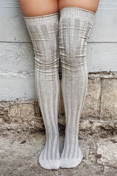 Vertical ribbed cotton stockings, The ribbing helps these stay up well and lends a jaunty two tone striping effect. Thigh high / OTK / Over the Knee Tight weave Stripes woven in One Size fits thighs up to 19" 75% Cotton & 25% Nylon Made in USA LAUNDERING INSTRUCTIONS:Launder inside-out. Machine wash Warm on gentle cycle with like colors and tumble dry Low. Do not Bleach. Cable Knit Leg Warmers, Socks Outfit, Wool Stockings, Tone Thighs, Knit Leg Warmers, Lace Splicing, Winter Socks, Thigh High Socks, Warm Socks