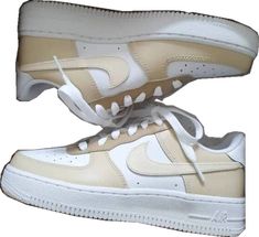 Nike Beige Custom Sporty Sneakers, Nike Sporty Custom Beige Sneakers, Nike Sporty Custom Sneakers In Beige, Beige Custom Sneakers With Gum Sole For Streetwear, Cream Lace-up Custom Sneakers For Streetwear, Custom Cream Lace-up Sneakers For Streetwear, Custom Cream Sneakers With Gum Sole, Custom Cream Sneakers With Gum Sole And Round Toe, Sporty Beige Nike Air Force 1