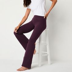 Get in the flow for low-impact workouts with these Xersion EverPerform women's high-rise yoga pants. Made from a lightweight and breathable soft cotton-jersey with quick-dry technology, UV protection, and 4-way stretch, these bootcut pants offer medium support and have a flat front elastic waistband. Team yours with a workout tee or sports bra.Front Style: Flat FrontClosure Type: Full ElasticFit: Classic FitPockets: 2 Front Slip PocketsRise: Mid RiseSupport: Medium SupportFiber Content: 93% Cot… Wide Leg Yoga Pants With 4-way Stretch For Workout, 4-way Stretch Wide Leg Activewear For Workout, Comfort Stretch Wide Leg Activewear For Workout, Athleisure Wide Leg Leggings For Pilates, Wide Leg Athleisure Yoga Pants, Wide Leg Athleisure Activewear, Wide Leg Elastane Activewear In Athleisure Style, Wide Leg Elastane Athleisure Activewear, Wide Leg Elastane Activewear