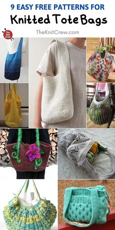 knitted tote bags and purses with text overlay that reads 9 easy free patterns for knitted tote bags