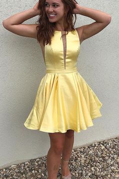 Cute A-line Short Yellow Homecoming Dresses Yellow Homecoming Dress, Yellow Homecoming Dresses, Prom Dresses 2019, Party Dresses Online, A Line Shorts, Short Prom Dress, Prom Formal, Satin Color, Short Prom