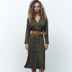 Lapel Collar Midi Dress With V-Neck And Long Sleeves. Contrast Belt. Front Gold Button Closure. Brand New With Tags . Khaki L: Armpit To Armpit 21”, Length 49”. Xl: Armpit To Armpit 22”, Length 49”. Zara Green Suede Dress, Green V-neck Maxi Dress With Button Closure, Zara V-neck Shirt Dress For Daywear, Chic V-neck Midi Dress With Button Closure, Elegant Green V-neck Shirt Dress, Green V-neck Shirt Dress For Fall, V-neck Shirt Dress With Button Closure For Casual Wear, V-neck Shirt Dress With Button Closure, V-neck Maxi Dress With Buttons For Date Night